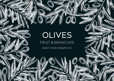 Olive tree branches vintage frame design. Hand drawn fruit and leaves background on chalkboard. Vegetable oil ingredients banner template for print. Olive plant in sketch style